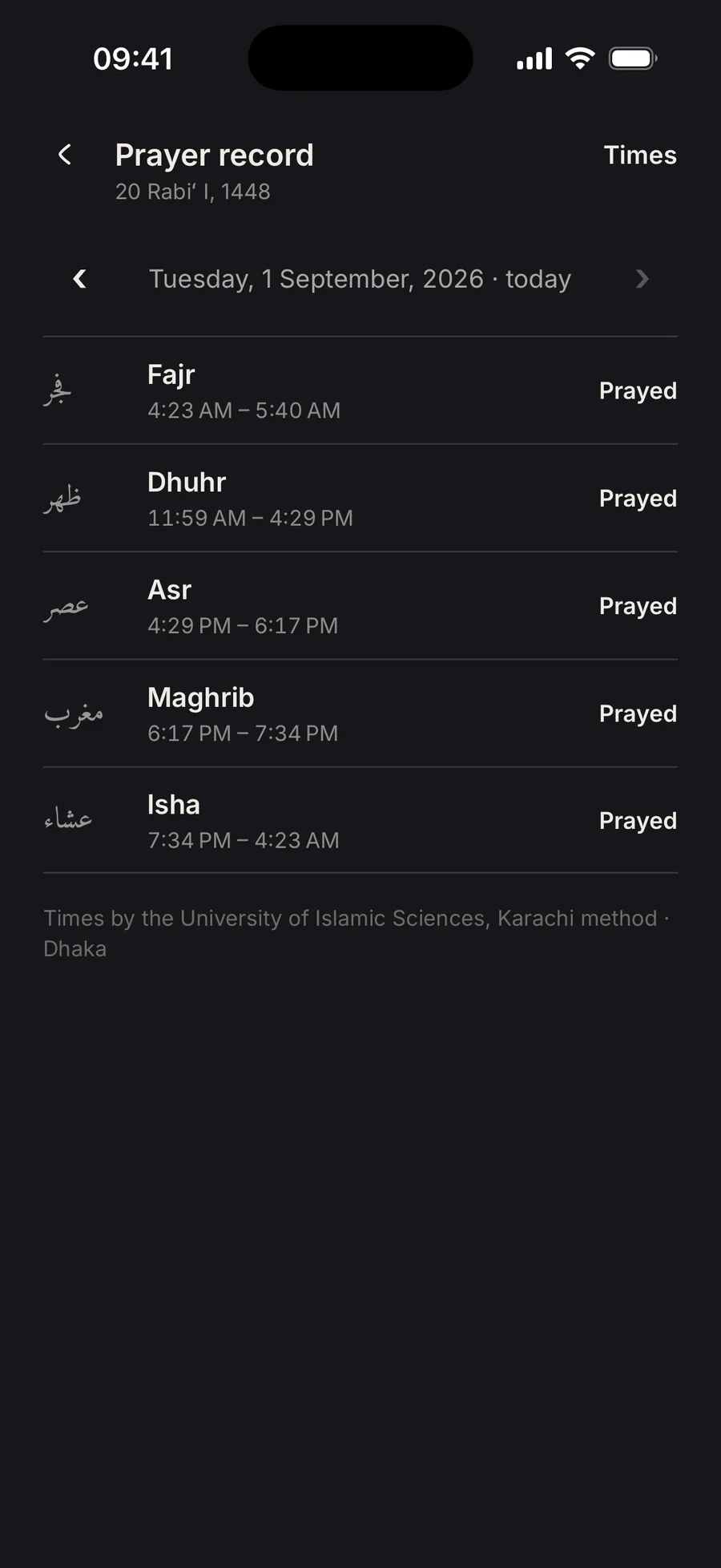 Prayer record for the day: Fajr to Isha, each window with its time and a Prayed mark.
